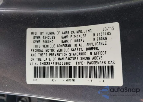 2015 Honda Accord Hybrid Touring из США, поврежденный, VIN 1HGCR6F71FA008882